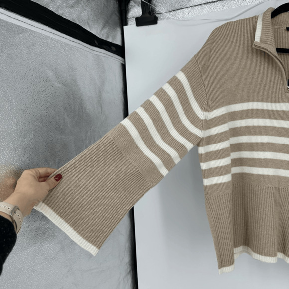 Rails Tessa Womens Sweater Size L Wool 1/4 Zip Ribbed Knit Sand Stripe Preppy - Picture 11 of 15